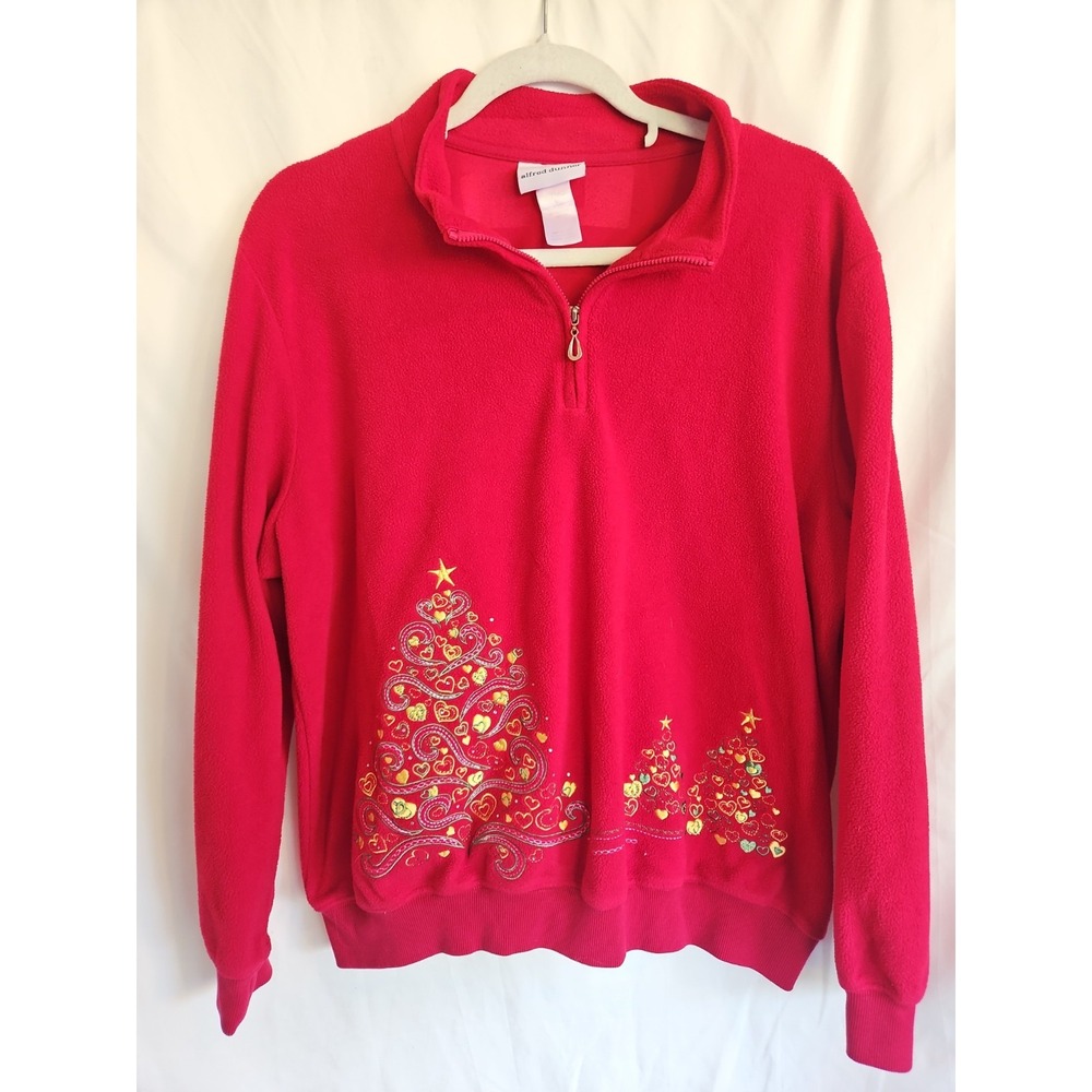 Alfred Dunner Sweatshirt Women Large Red Good Christmas Embroidered Fleece Zip